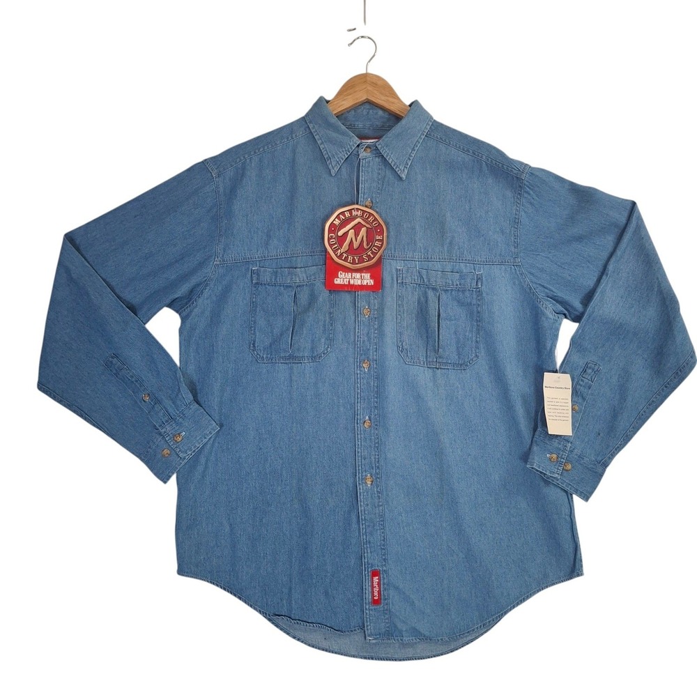 Vintage 90s Marlboro Country Store Denim Shirt Men's Large Blue Chambray NWT L